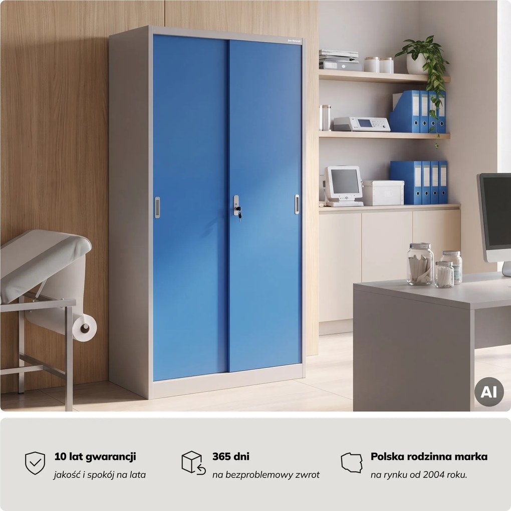 Szafa metalowa biurowa z drzwiami przesuwnymi szaro-niebieska, 900x1850x400 mm: KUBA