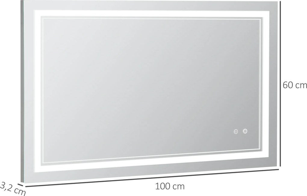 kleankin Lustro Łazienkowe LED Wodoodporne Srebrne Nowoczesne z Oświetleniem 100x60x32cm | Aosom PL