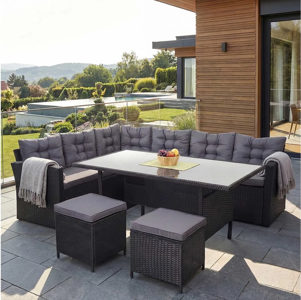 Zestaw z polirattanowy MCW-A29 + 2x stołek,  poduszki ciemnoszare, z 2 stołkami