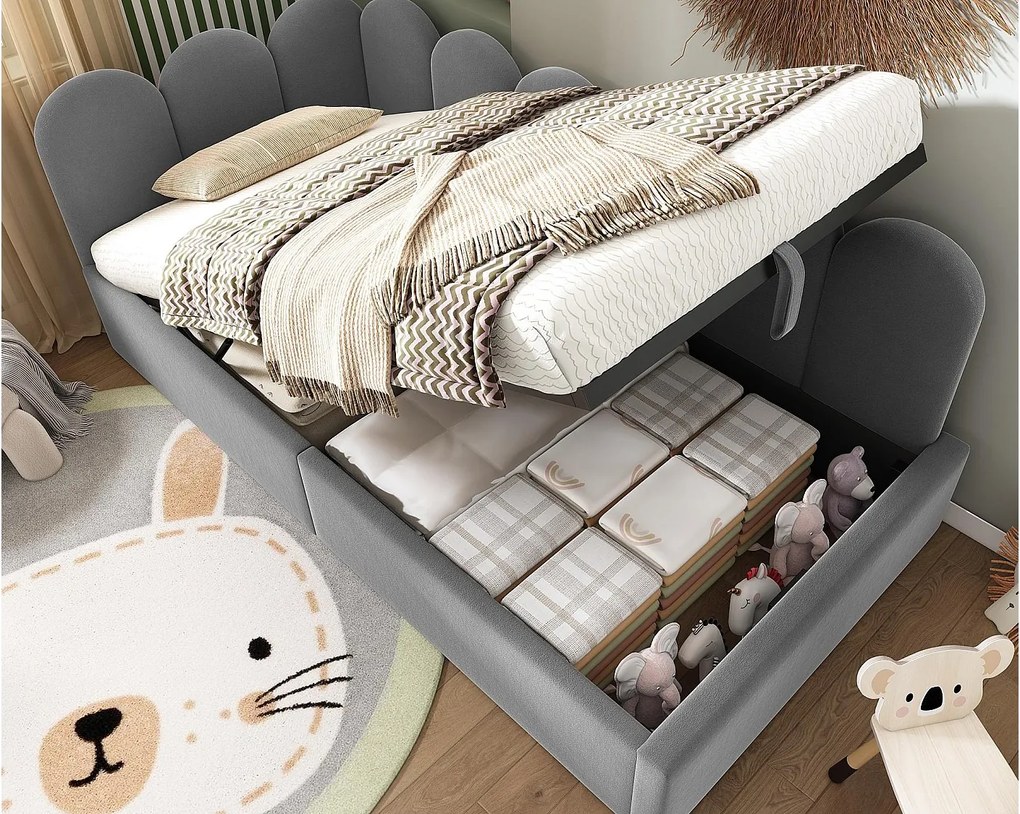 Łóżko z kanapą z miejscem do przechowywania - materiał aksamitny - 90x190 cm - z stelażem na listwy - szary