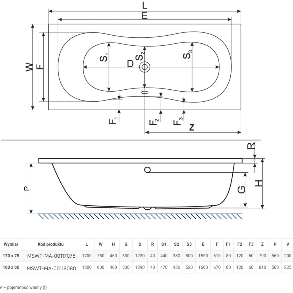 Wanna prostokątna odpływ na środku + obudowa 180 x 80 cm MANDI