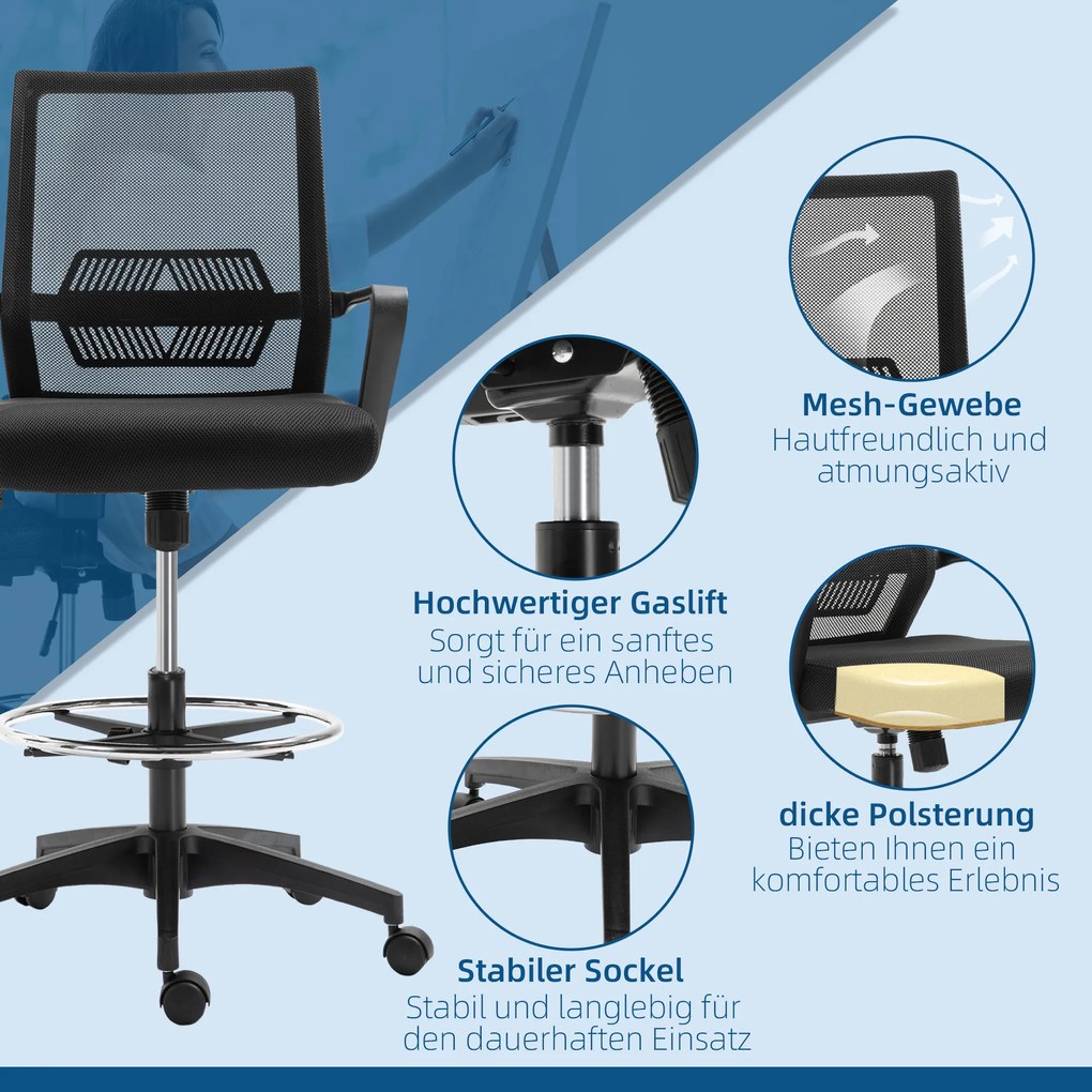 Vinsetto Krzesło biurowe, regulowane krzesło biurkowe z podnóżkiem, oparcie z siatki, na kółkach, tworzywo sztuczne, Czarne