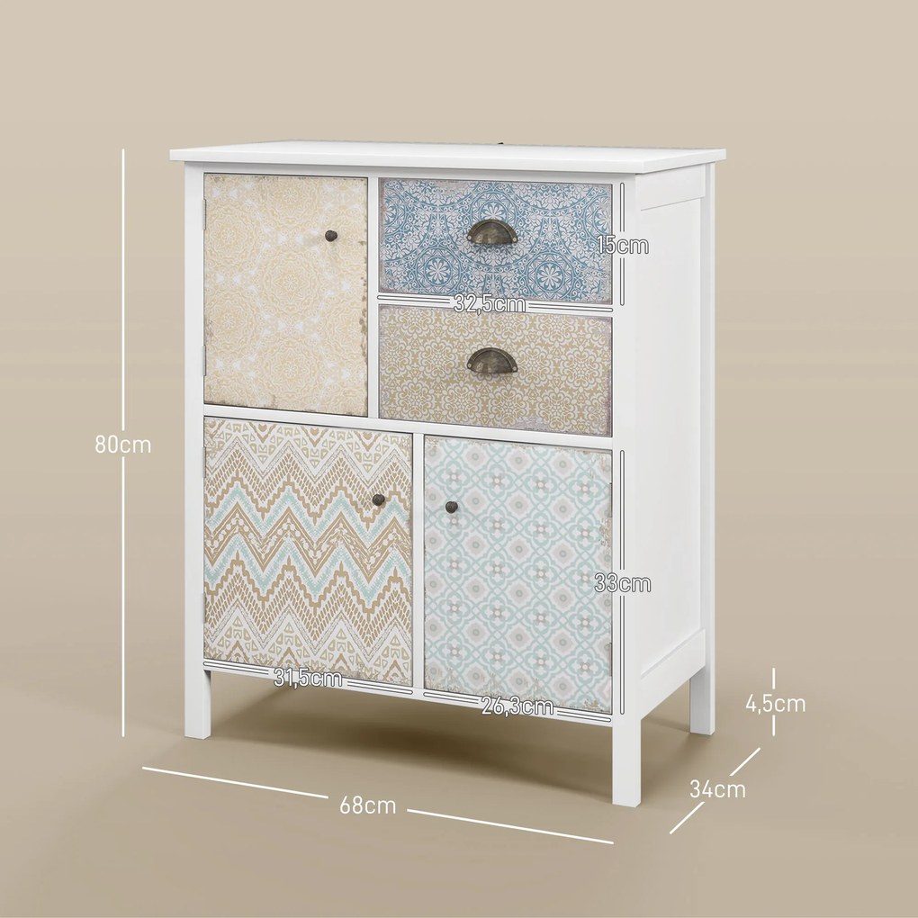 HOMCOM Komoda drewniana biała styl Shabby Chic 2 szuflady 3 szafki 68x34x80 cm | Aosom PL