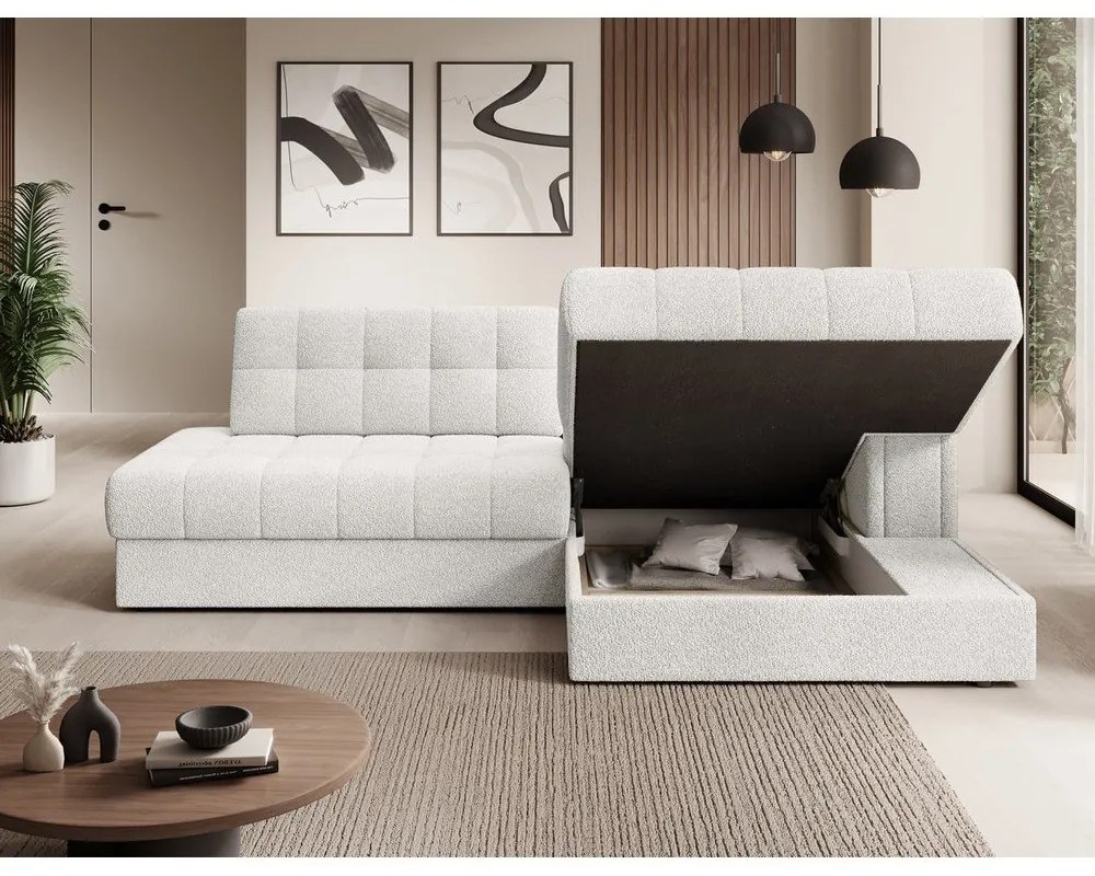 Kremowy rozkładany narożnik z materiału bouclé (prawostronny/z szezlongiem) Blezalt – ELTAP