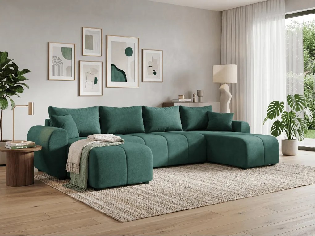 Rozkładana sofa narożna w kształcie U SEVIO 311x145 cm, butelkowozielona + 2 poduszki GRATIS