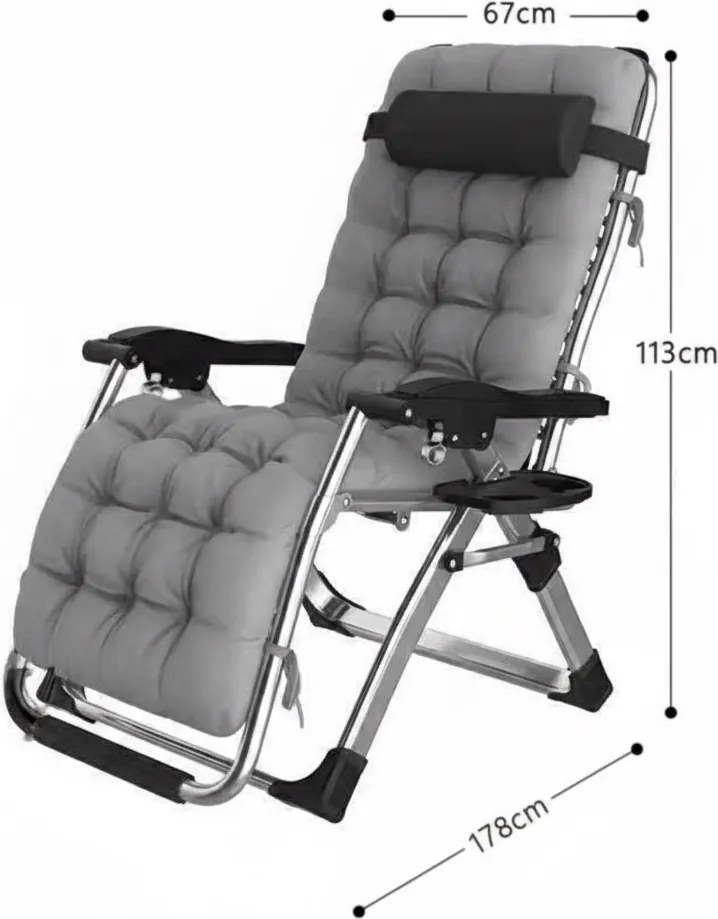 Leżak ogrodowy składany Solano z poduszką i uchwytem na napoje, szary