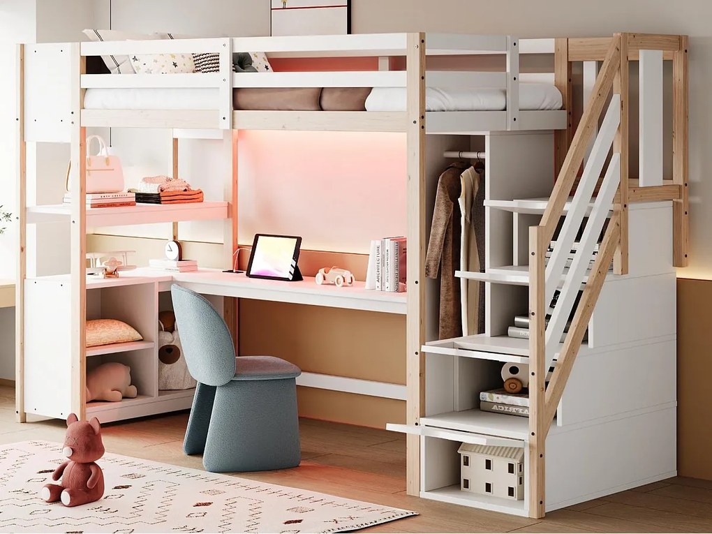 Łóżko na antresoli 90×200 cm - z szafą i biurkiem - drabina z miejscem do przechowywania - z gniazdkami i oświetleniem LED - Naturalny