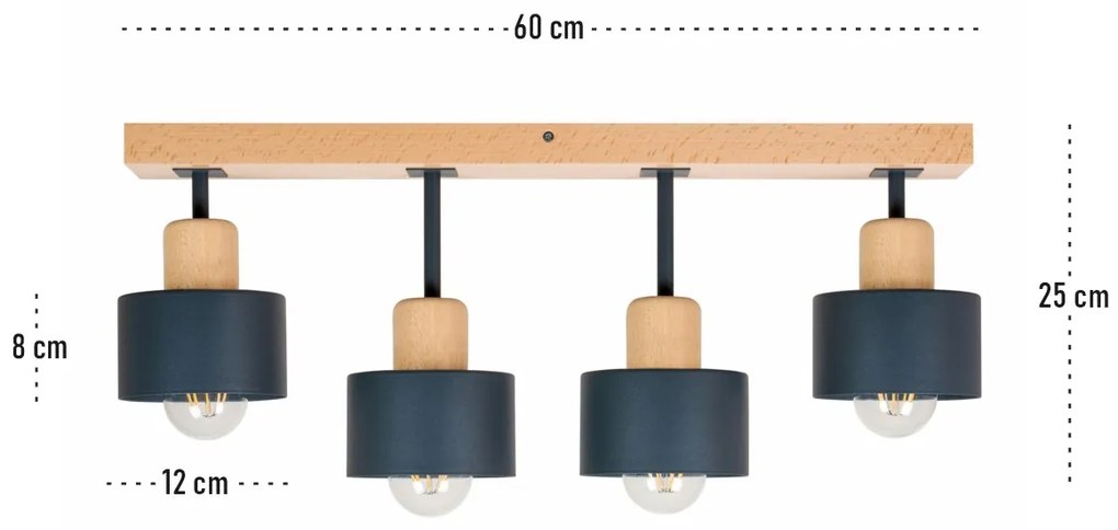 Antracytowa lampa sufitowa, czteropunktowy spot DAN60x7BU z drewna i m
