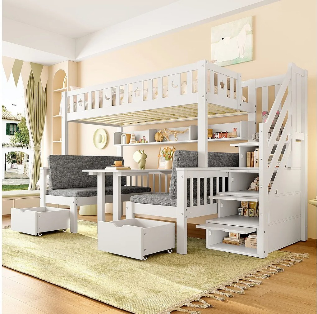 Łóżko piętrowe dla dzieci - 90 x 200 cm - łóżko 2 w 1 i biurko + drabinka ze schowkiem + ogrodzenie - drewno - białe