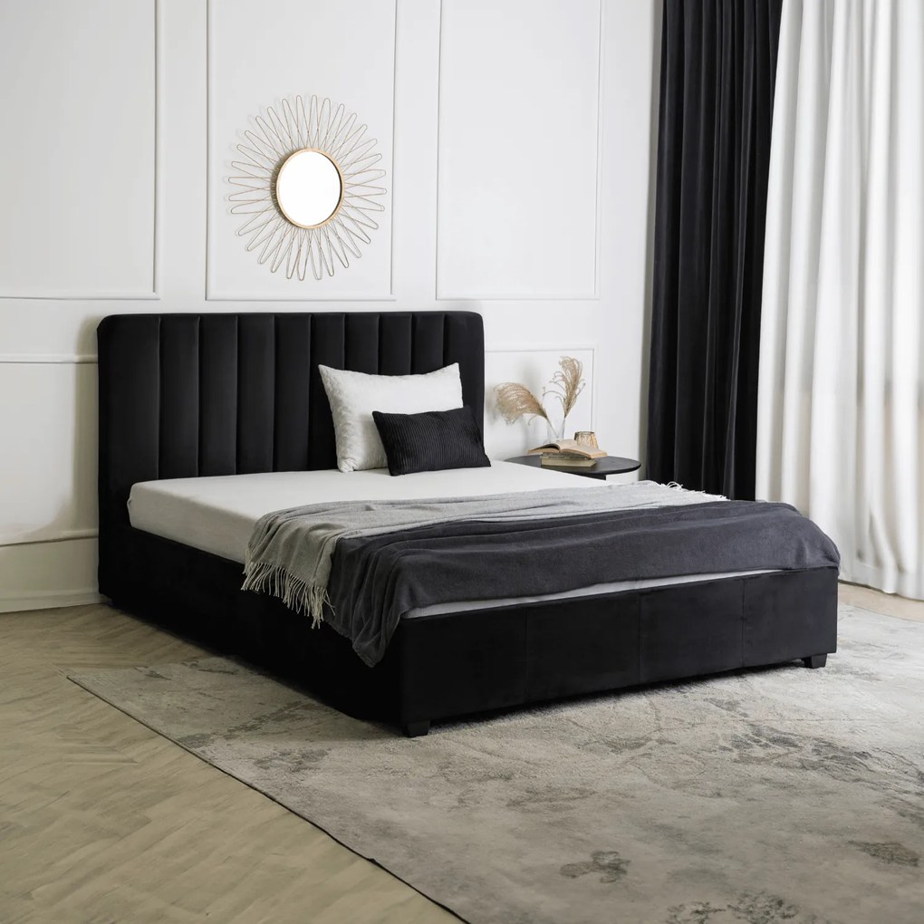 Łóżko Tapicerowane 160x200 cm ze Stelażem i Pojemnikiem Dwuosobowe MARI Welurowe Czarne
