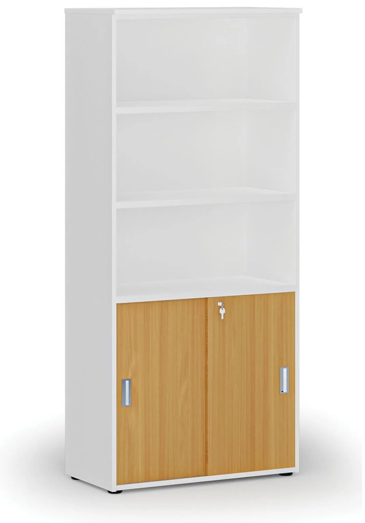 Szafa biurowa kombinowana PRIMO WHITE, drzwi przesuwne na 2 poziomach, 800 x 420 x 1781 mm, biały/buk