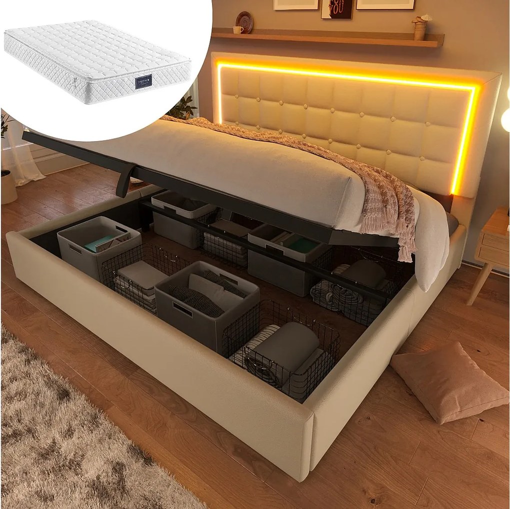 Łóżko tapicerowane z pojemnikiem na pościel, 140 x 200 cm, z dnem z listew + oświetlenie LED + hydrauliczny schowek - PU - białe (materac w zestawie)