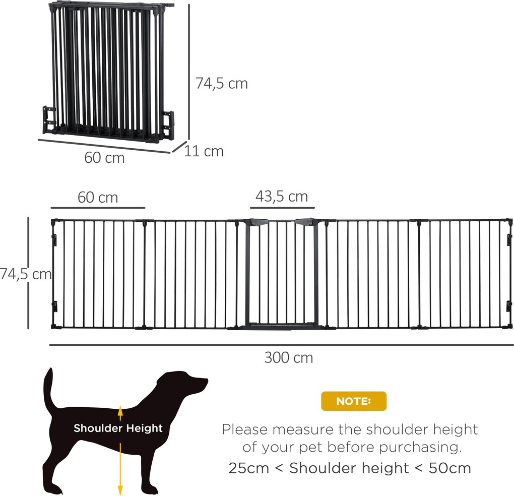 PawHut 2 w 1 Ogrodzenie dla Zwierząt Domowych, Wybieg dla Szczeniąt, Brama Bezpieczeństwa, Składany, Metal, 300 x 3 x 74,5 cm, Czarny