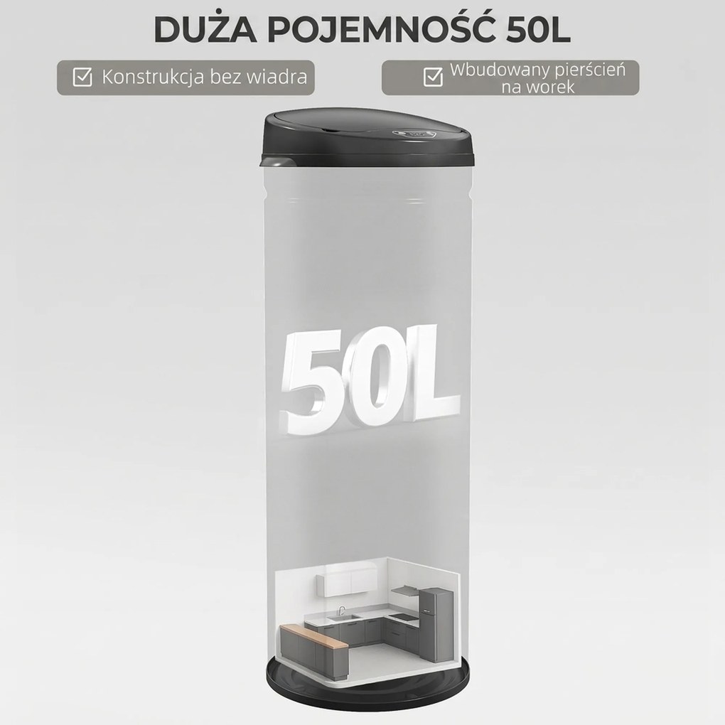 HOMCOM 50 L Kosz na śmieci z czujnikiem i funkcją Soft-Close, bezdotykowy kosz ze stali nierdzewnej do higienicznej kuchni