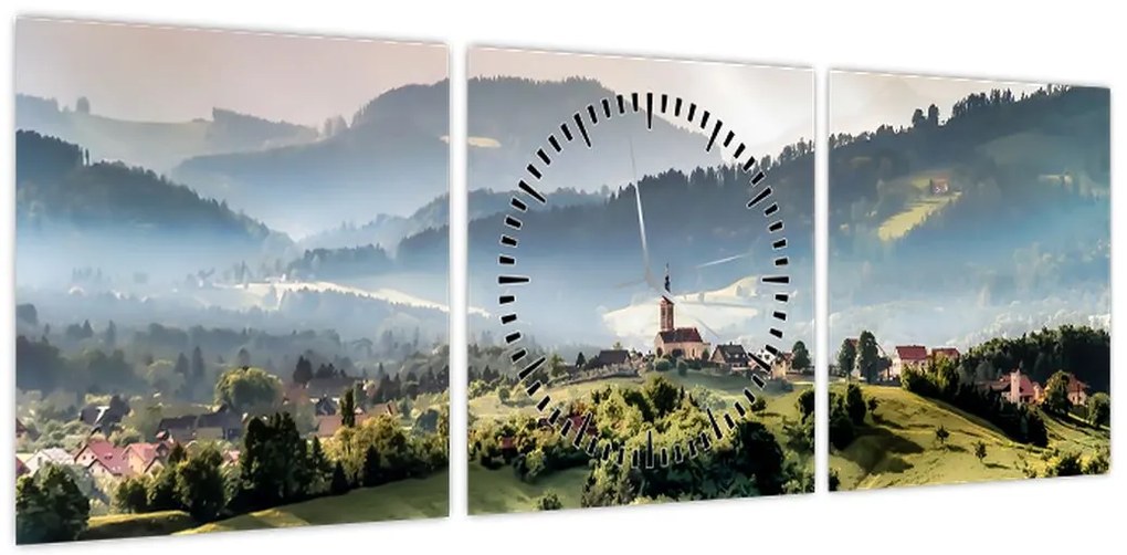 Obraz - wieś we mgle (z zegarem) (90x30 cm)