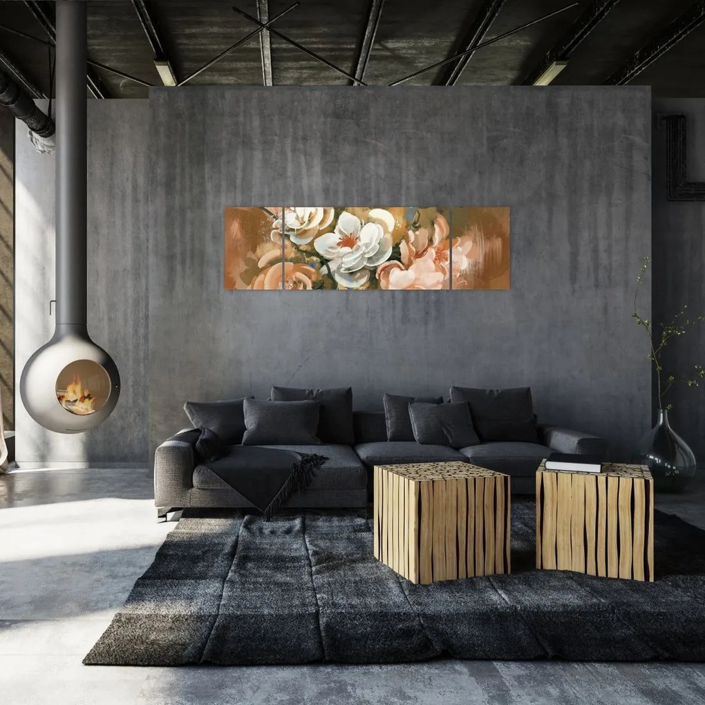 Obraz- Malowany bukiet kwiatów (170x50 cm)