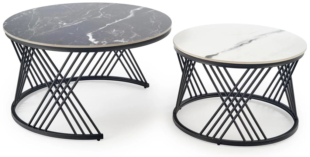 Zestaw 2 okrągłych ław, spiek czarny marmur/biały marmur/czarny 80/46 60/40 FLAMINGO