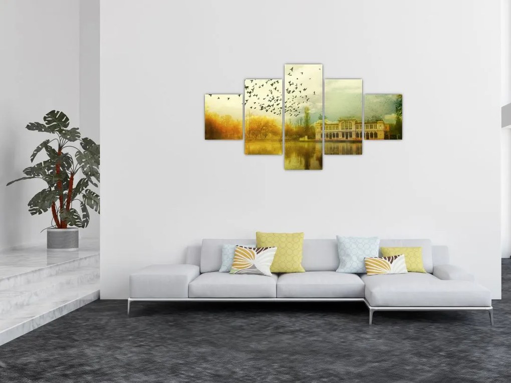 Obraz namalowanego krajobrazu z rezydencją (125x70 cm)
