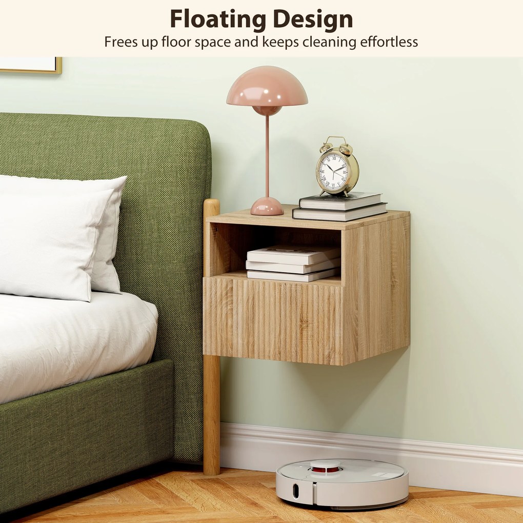 HOMCOM stolik nocny, bezuchwytowy design, otwarta półka, szuflada, montaż ścienny, jasnobrązowy