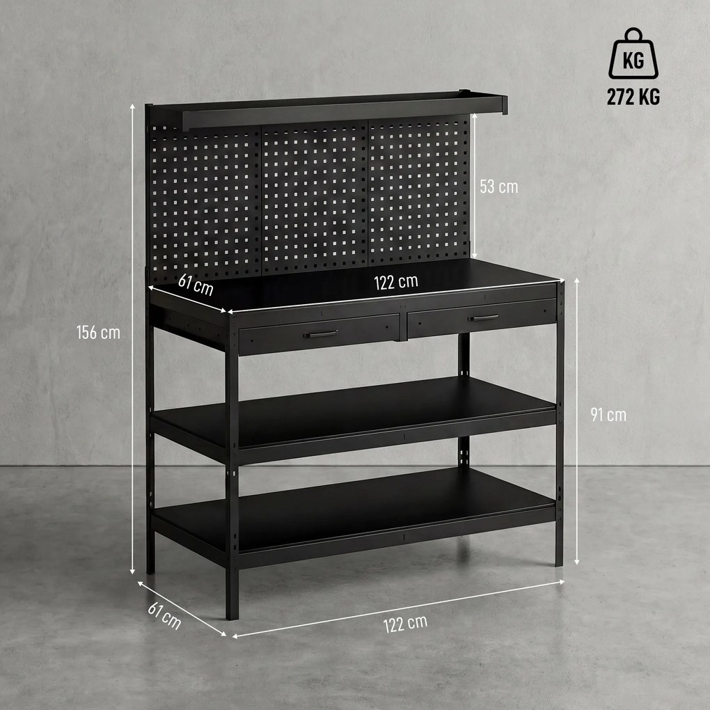 HOMCOM Stacja robocza z regulowanymi półkami, solidna stacja robocza z perforowaną płytą i 2 szufladami, 122 x 61 x 156 cm, Czarna | Aosom PL