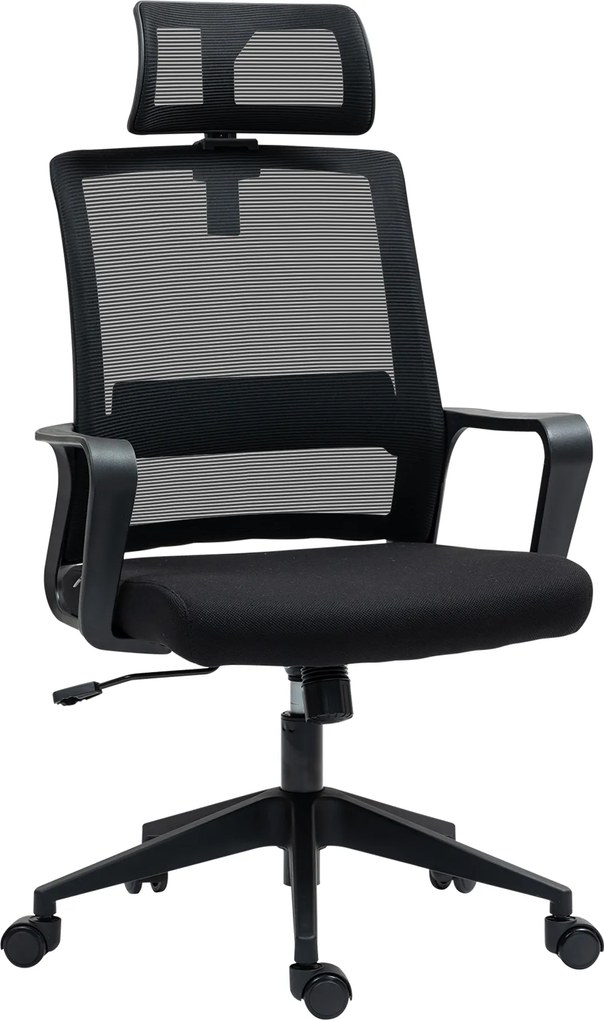 HOMCOM Fotel Biurowy, Regulowany Fotel z Podpórką Głowy, Obrotowe Krzesło do Home Office, Czarny