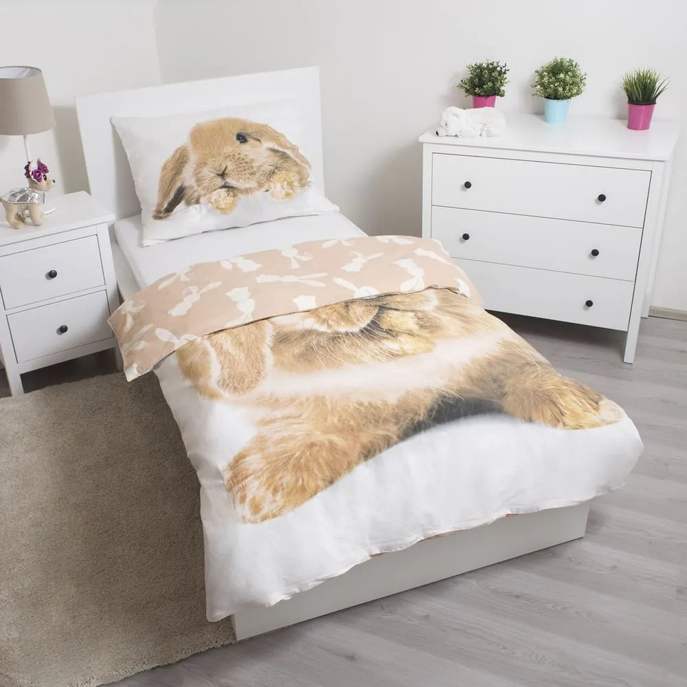 Biało-brązowa bawełniana pościel dziecięca jednoosobowa 140x200 cm Bunny – Jerry Fabrics