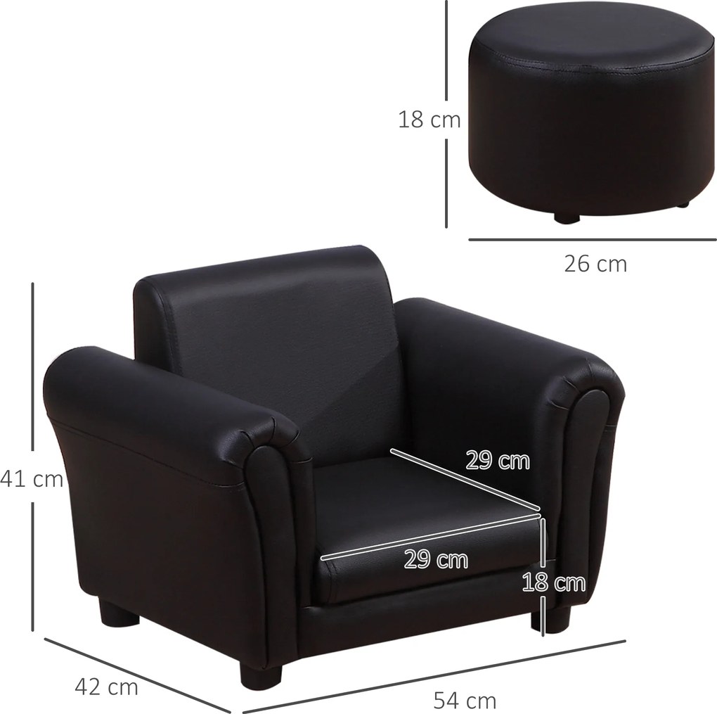 HOMCOM Zestaw Sofy Dziecięcej z Podnóżkiem, Czarny, Komfort i Styl dla Twojego Malucha