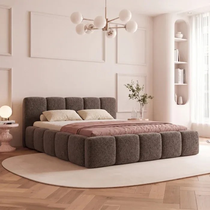 Łóżko Tapicerowane 140x200 cm VELMO z Pojemnikiem Brązowe Boucle Japandi