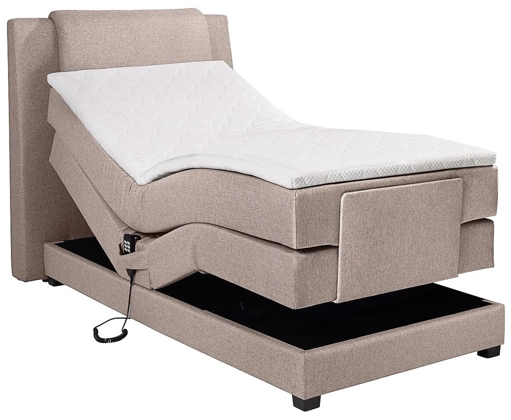 Zestaw łóżko kontynentalne z zagłówkiem + stelaż elektryczny relaksacyjny + materac + nakładka na materac - 100 x 200 cm - Tkanina - Beżowy - CASTEL II marki PALACIO