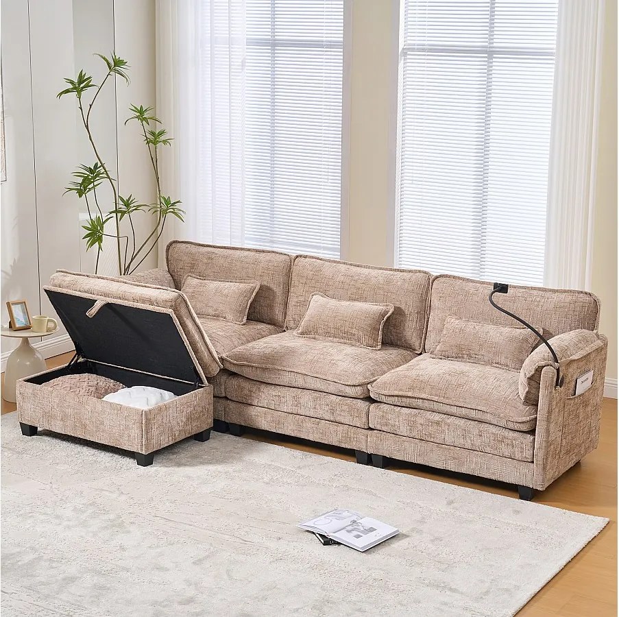 Sofa 3-osobowa, sofa narożna z portem USB, kieszeniami bocznymi i uchwytem na telefon - Khaki szenil
