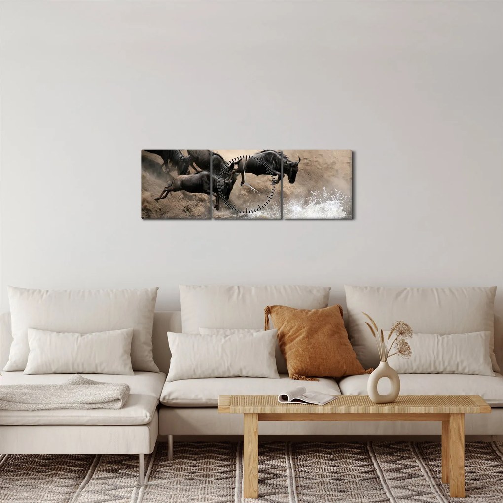Obraz - Stado antylop gnu (z zegarem) (90x30 cm)