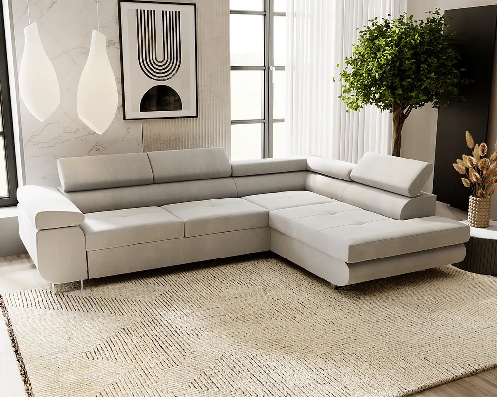 Emporius Sorlo narożnik z funkcją spania i pojemnikiem - regulowane zagłówki, prawostronny, tkanina aksamitna, jasny szary (Amor Velvet 4318)