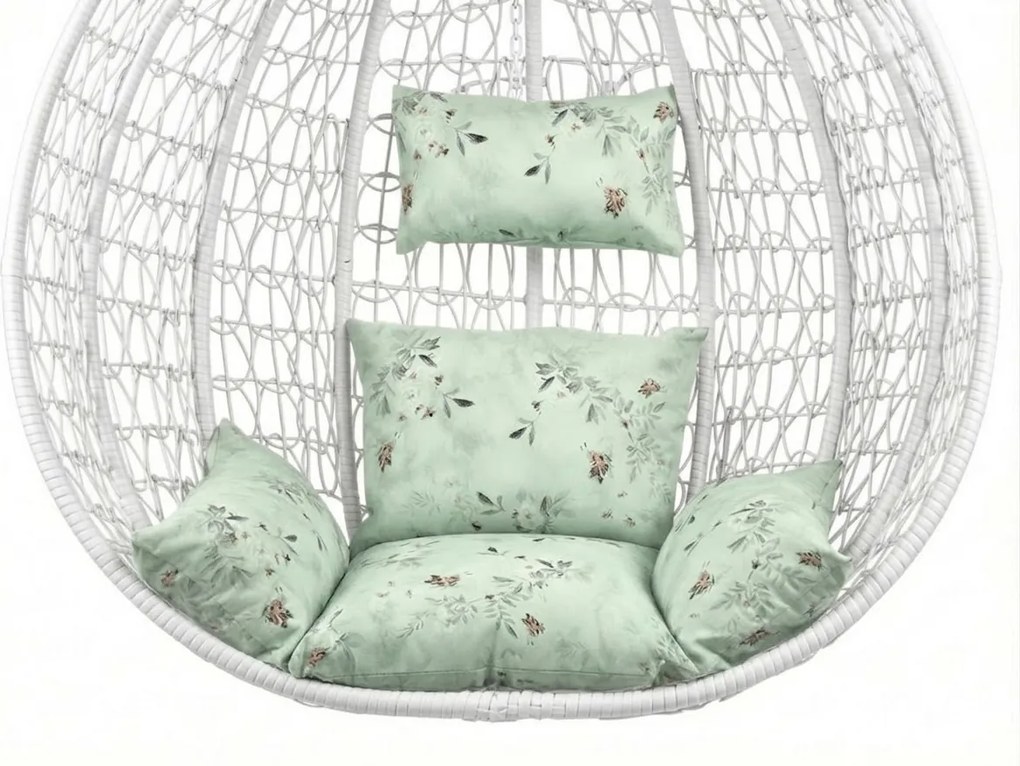 Białe wiszące krzesło KOKON bez stojaka, jasnozielona poduszka ze wzorem