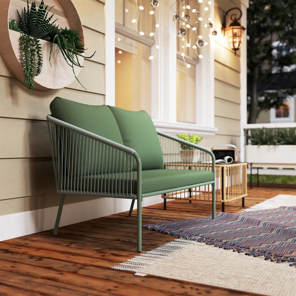 Outsunny Sofa Ogrodowa z Poduszkami 2-osobowa Sofa Rattanowa Lounge Sofa Balkonowa 112 x 72 x 76 cm Zielony