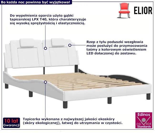 Białe łóżko z ekoskóry z kolorowym oświetleniem LED 140x200 - Izmo 5X
