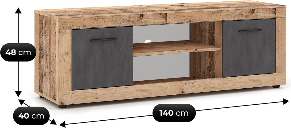 Szafka RTV BLAGO 140 cm Surowy Dąb/Grafit Dwudrzwiowa do Salonu Loft