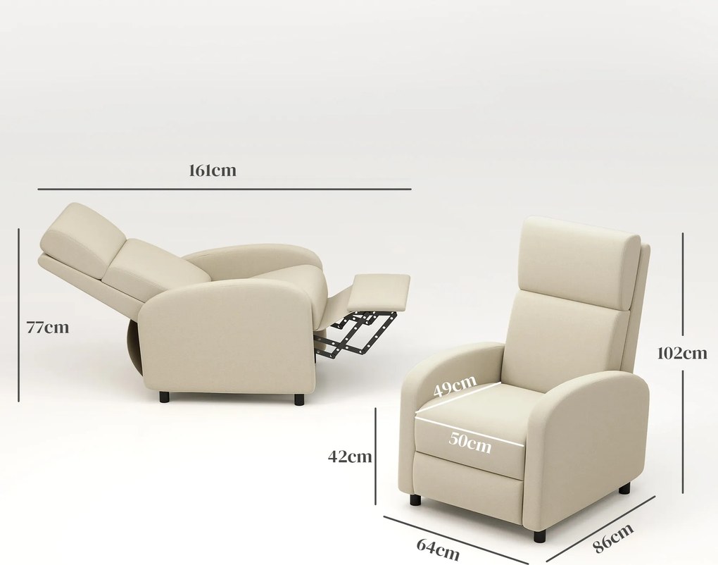 HOMCOM Fotel Relaksacyjny Telewizyjny, Wysuwany Podnóżek, Regulacja do 160°, 64 x 86 x 102 cm, Kremowy