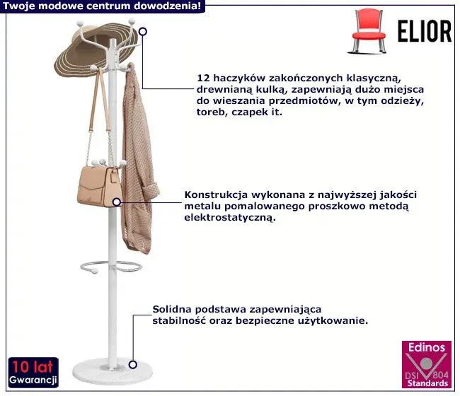 Klasyczny biały wieszak stojący na ubrania - Caden 3X