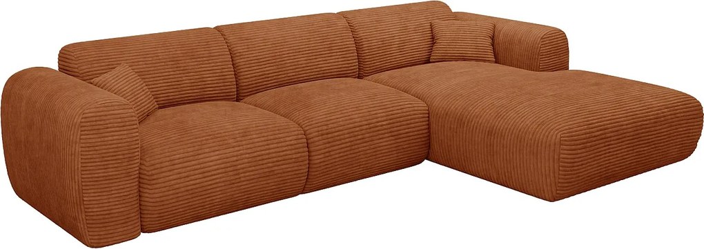 Duża kanapa narożna prawostronna typu express w sztruksie w kolorze terakoty - Materac 13 cm memory foam POGNI