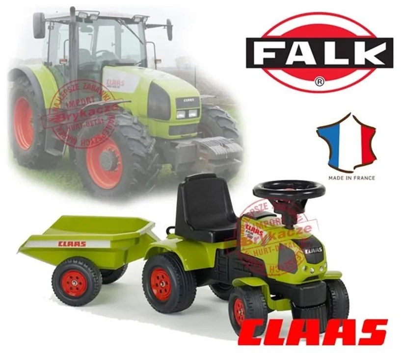 Falk traktorek do odpychania, chodzik, jeździk baby claas axos + przyczepka