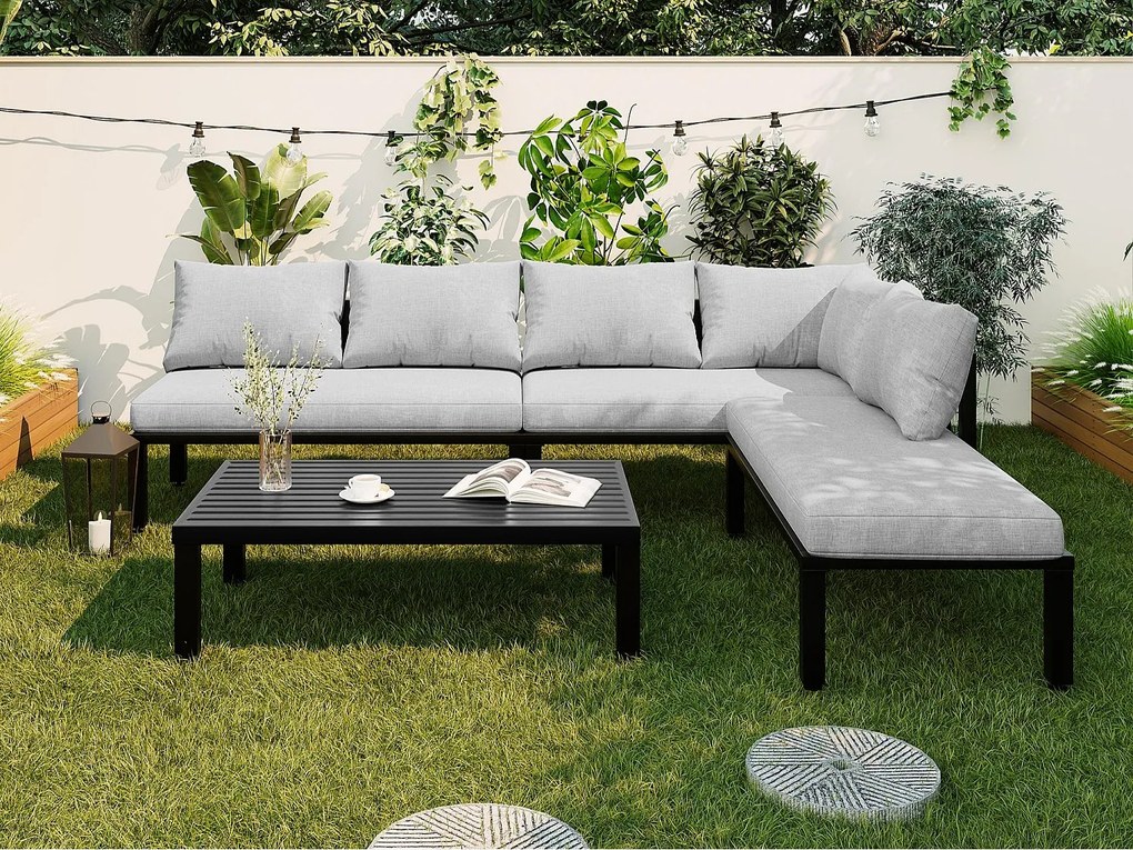 Modułowy Salon Ogrodowy 6 Osób ze Stolikiem Kawowym - Kanapa Narożna z Wyjmowanym Oparciem - Konstrukcja ze Stali Ocynkowanej - Szary