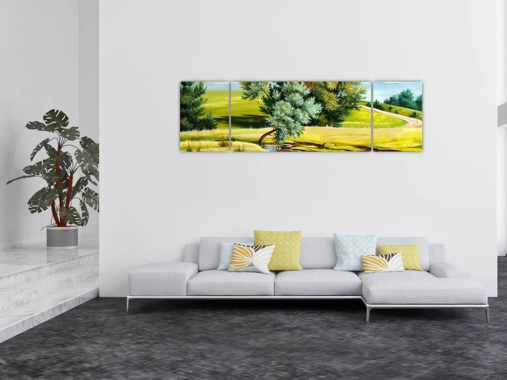 Obraz - rzeka między łąkami, obraz olejny (170x50 cm)