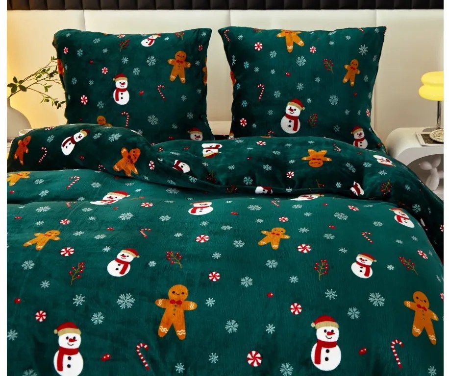 PrzytulneMieszkanie.pl PrzytulneMieszkanie.pl PrzytulneMieszkanie.pl Pościel mikropluszowa BAŁWAN I PIERNIK zielona + mikropluszowe prześcieradło SOFT 90x200 cm czarne