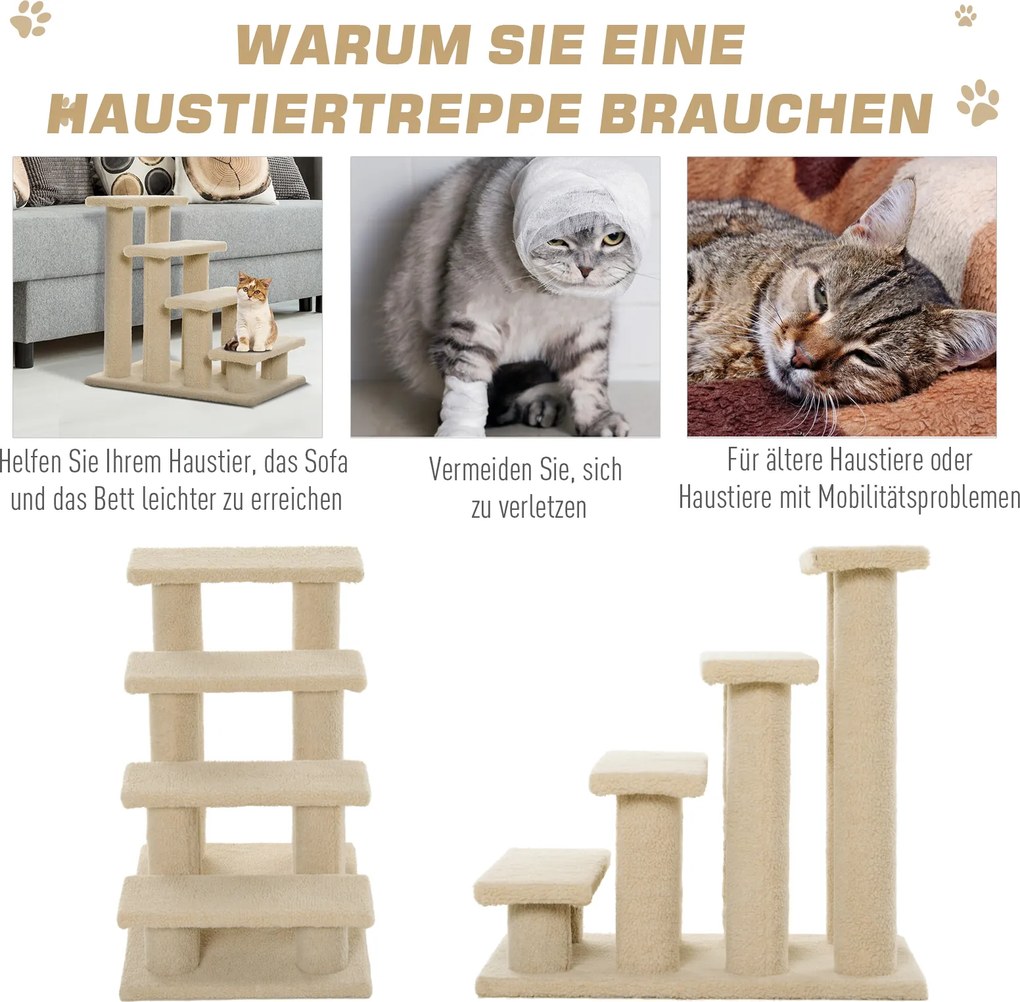 PawHut drapak schodki dla kota i psa 4 stopnie w jasnym brązie 635x430x600mm beżowy | Aosom PL