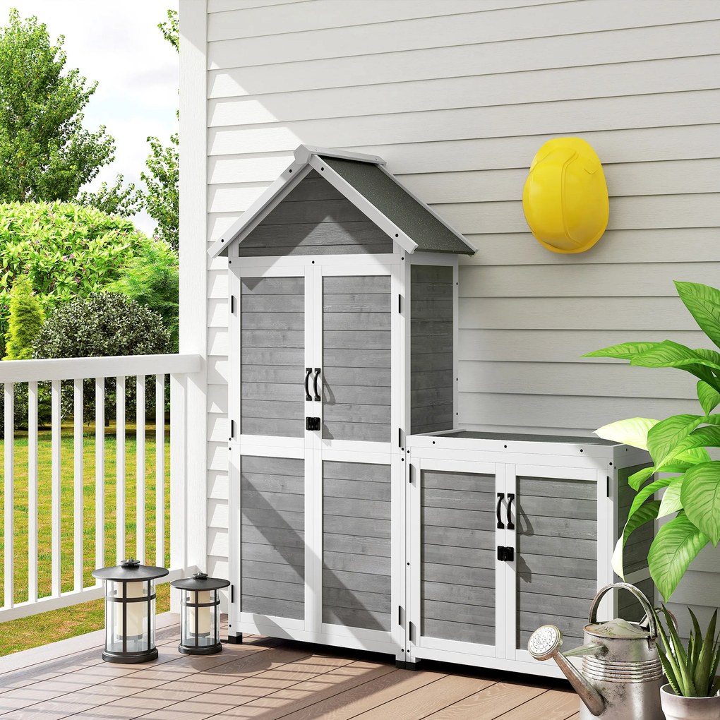 Outsunny Schowek ogrodowy z dodatkową szafką, regulowane półki, zamknięte na klucz drzwi, wodoodporny, z drewna sosnowego, Jasnoszary