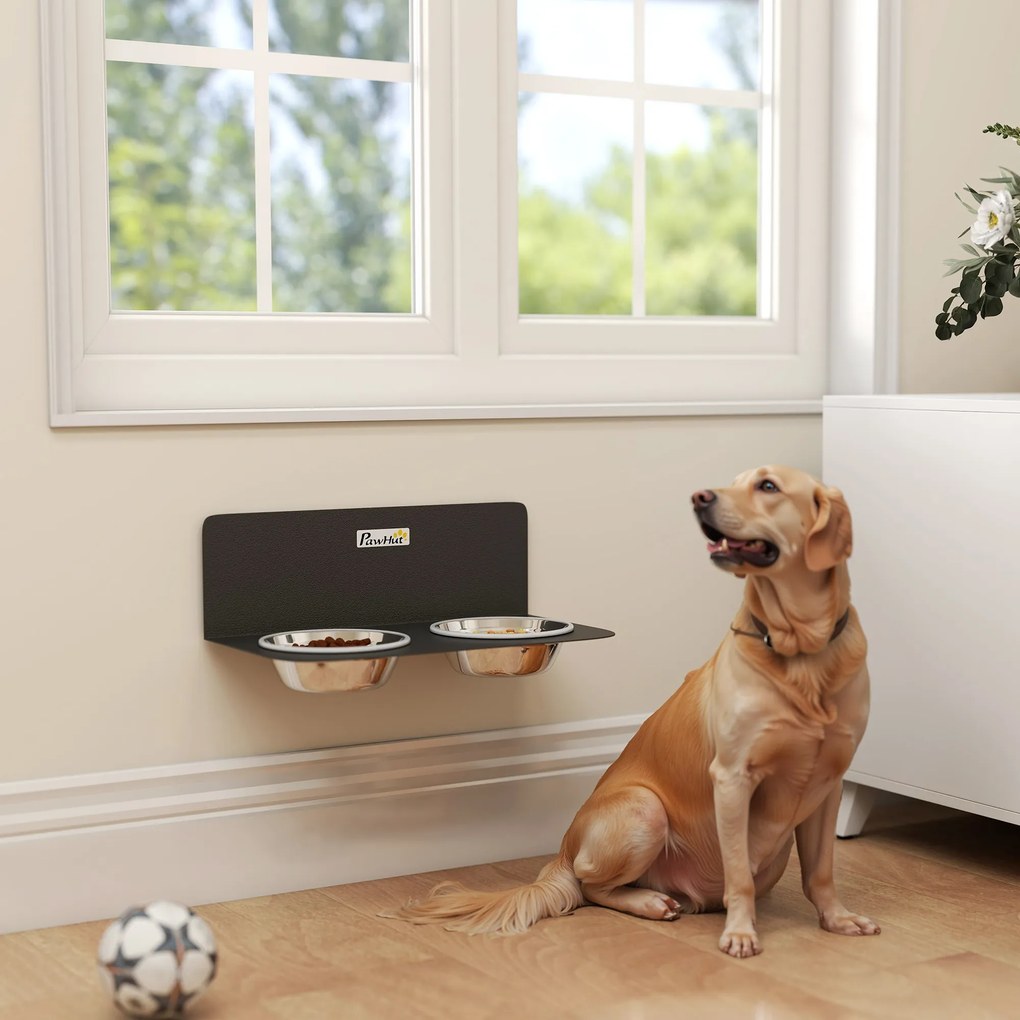 PawHut Miska dla psa regulowana wysokość ścienna z 2 x 800 ml miskami 42 x 23,5 x 14 cm Czarny | Aosom PL