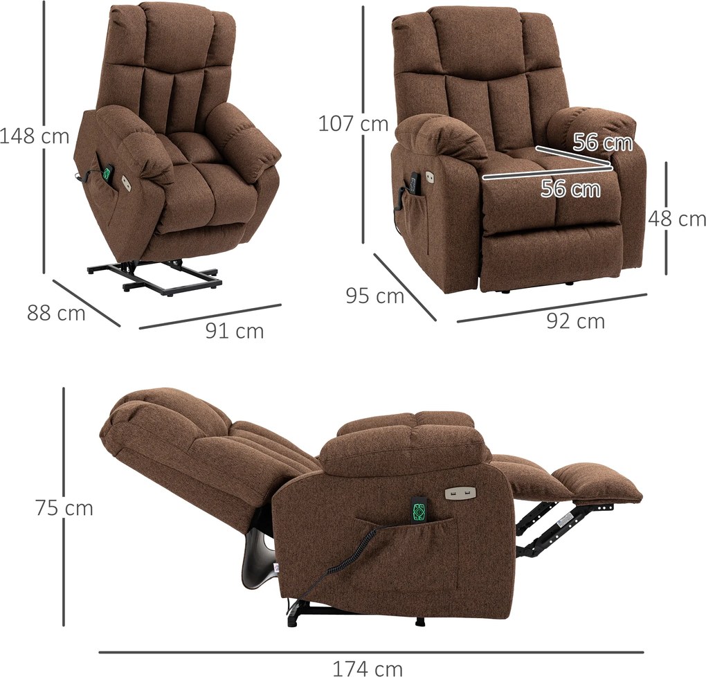 HOMCOM Fotel relaksacyjny Z pomocą na stojąco Oparcie regulowane do 145° Z podnóżkiem Z pilotem zdalnego sterowania Brązowy | Aosom PL