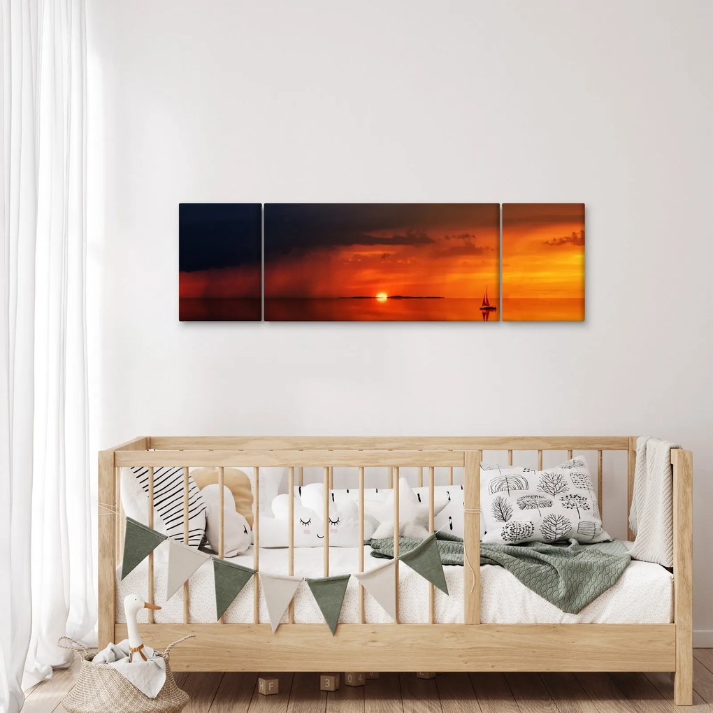 Obraz zachodu słońca z żaglówką (170x50 cm)