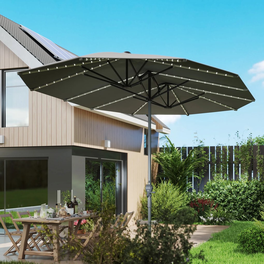 Outsunny Podwójny Parasol z Oświetleniem Solarnym, Aluminium, Poliester, Ochrona UPF50+, Odporność na UV, Parasol Tarasowy, Ciemnoszary