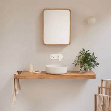Zestaw Mebli Łazienkowych 130x45 Cm Wiszący Z Drewna Tekowego Neill Drewno Tekowe & Okrągły Ceramiczny Biały Ø40 Cm Lenka & Biały Wbudowany Z Zaworem